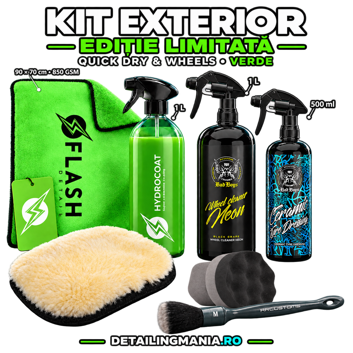 Kit exterior Quick Dry & Wheels Verde – Flash Detail, Bad Boys și GTOOLS | Aplicator și pensulă CADOU