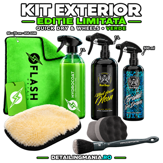 Kit exterior Quick Dry & Wheels Verde – Flash Detail, Bad Boys și GTOOLS | Aplicator și pensulă CADOU
