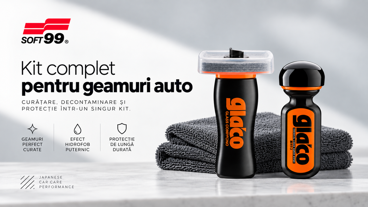 Prezentare a kitului Soft99 pentru geamuri auto, cu două produse și lavete