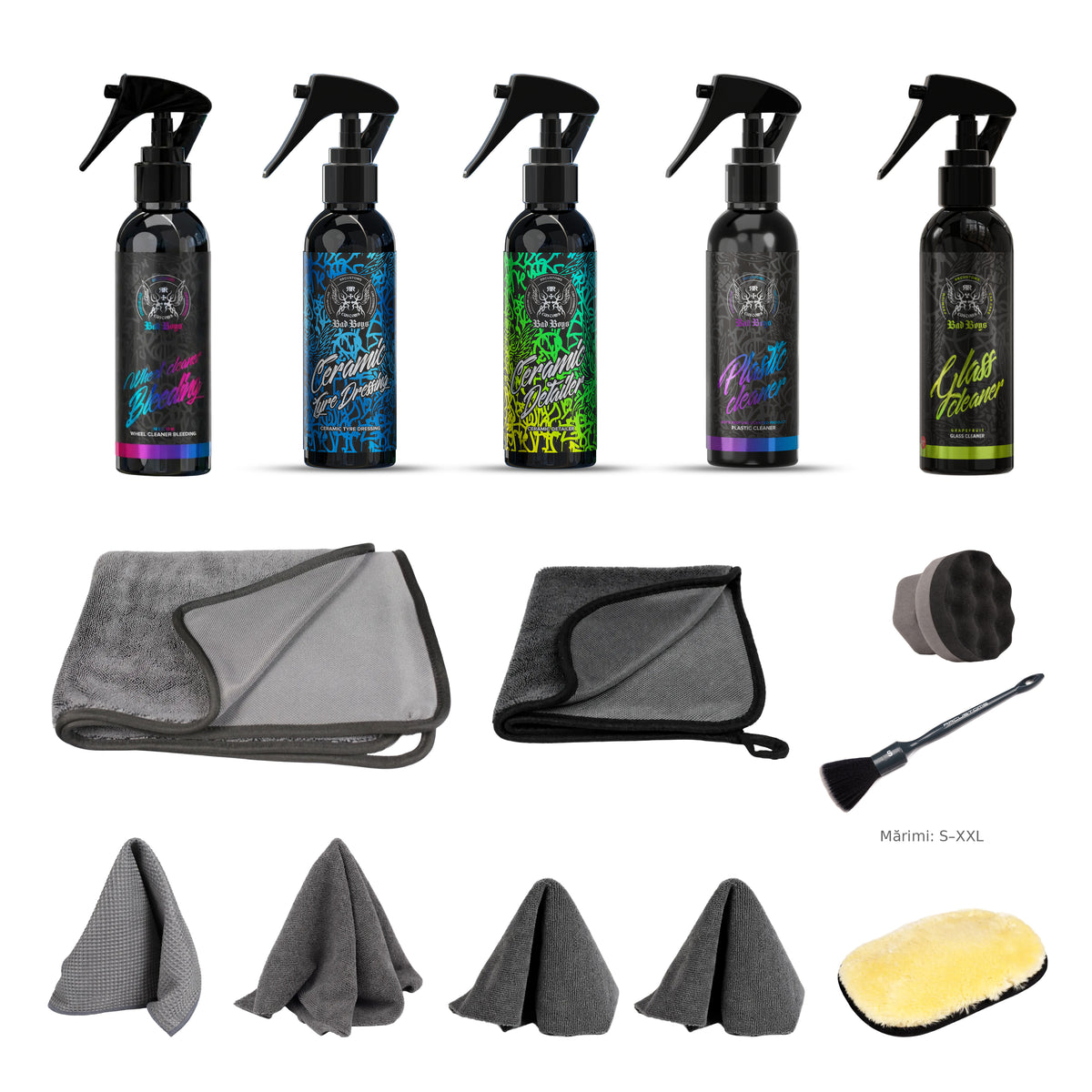 Kit MINI All-in-One cu cinci flacoane Bad Boys și accesorii GTools pentru interior și exterior