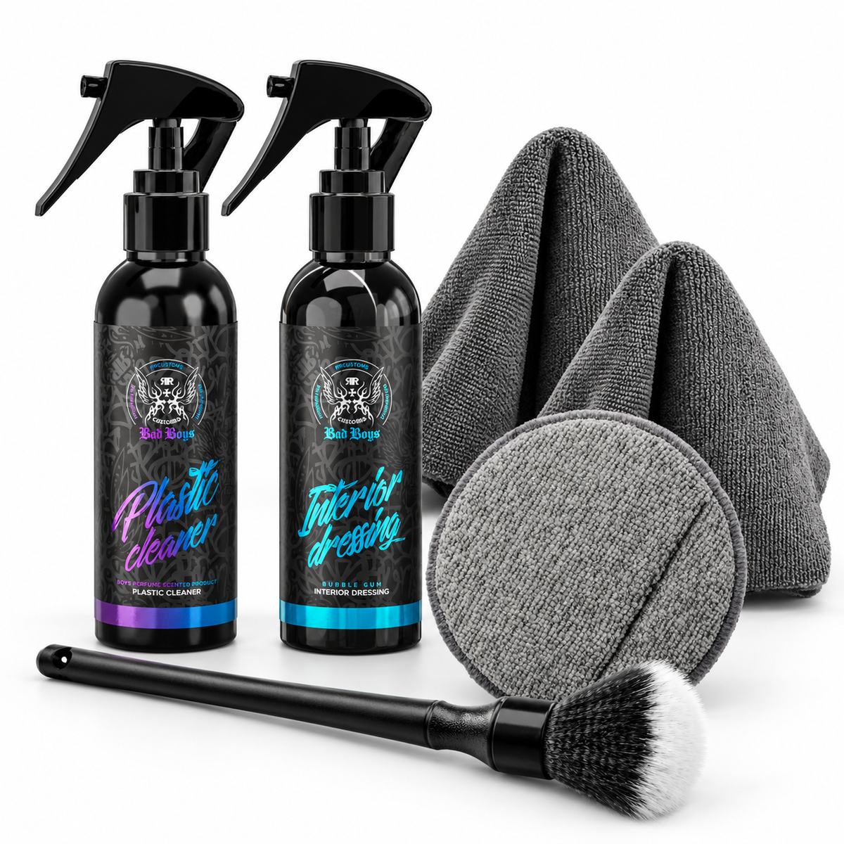 Kit dedicat plastice MINI: Plastic Cleaner și Interior Dressing Bad Boys 150 ml, pensulă Flash Detail, aplicator GTools și două lavete Edgeless