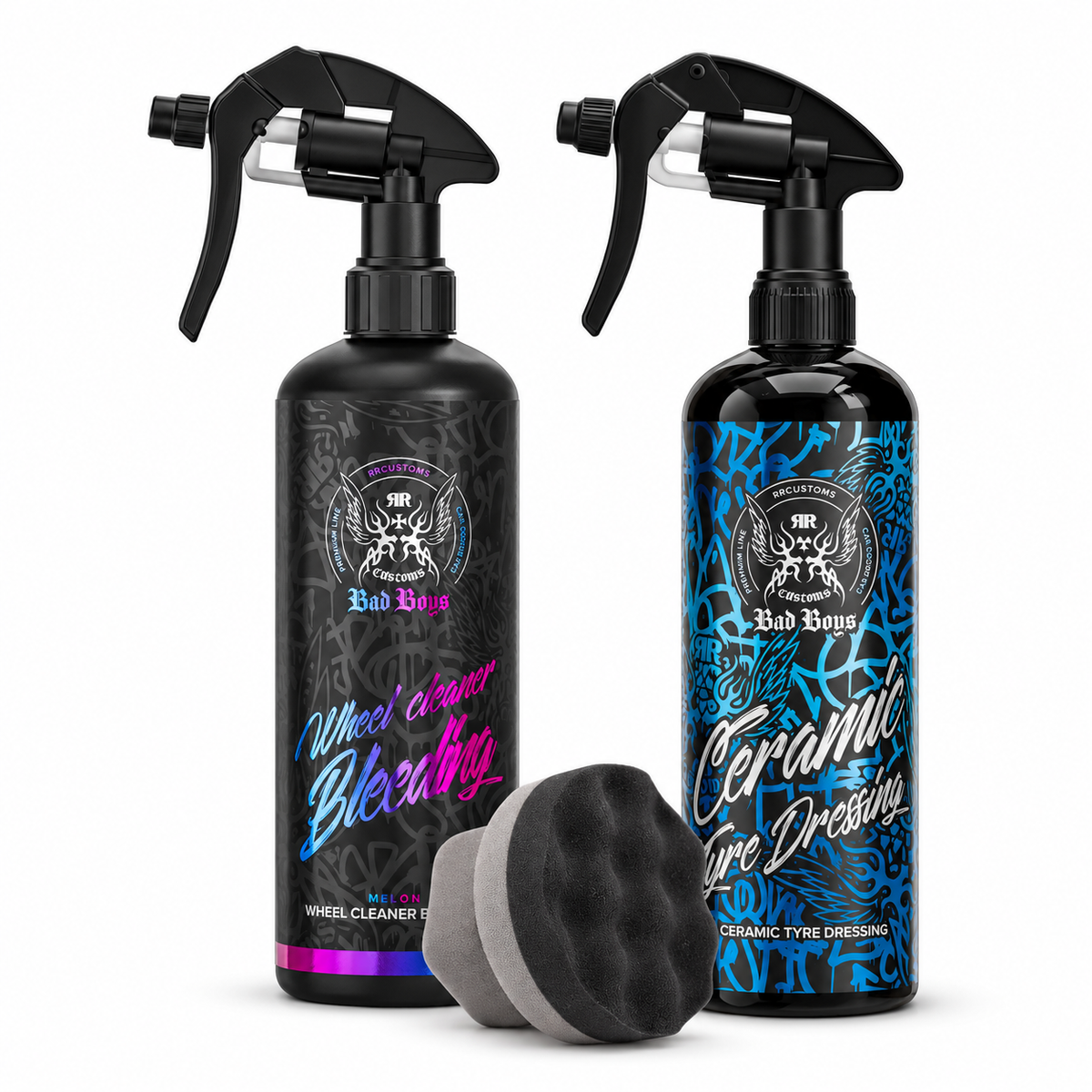 Kit Esențial pentru Roți Bad Boys & GTools – Wheel Cleaner Bleeding 500 ml, Ceramic Tyre Dressing 500 ml și aplicator Soft Ergo Foam L