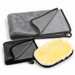 Kit Exterior Esențial GTools: mănușă Wool Wash Mitt, prosop Black Master Mini Light 40 × 40 cm și Black Master Light 60 × 90 cm