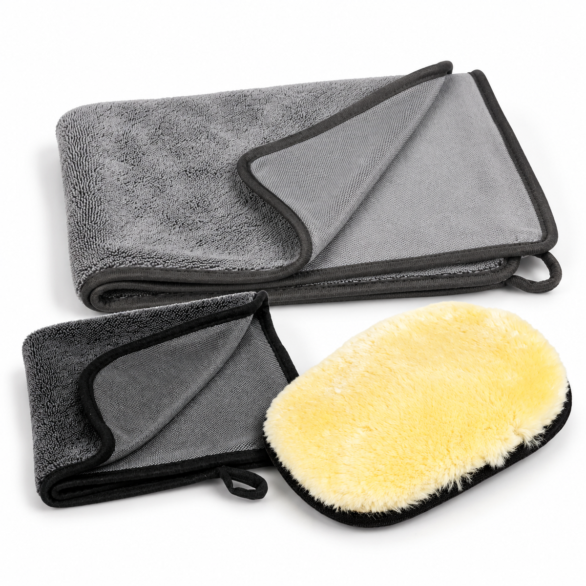 Kit Exterior Esențial GTools: mănușă Wool Wash Mitt, prosop Black Master Mini Light 40 × 40 cm și Black Master Light 60 × 90 cm