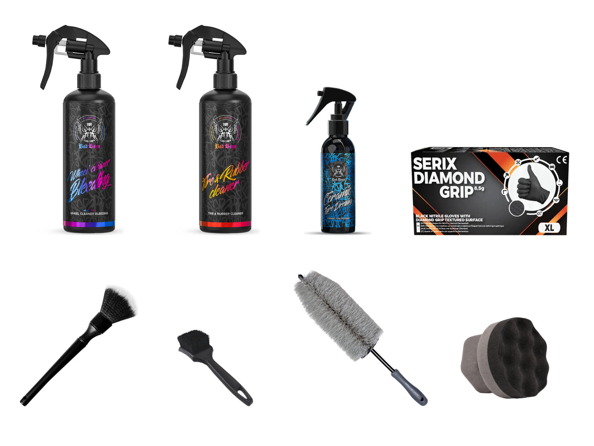 Kit Premium Roți – configurație cu Bleeding 500 ml, Rubber Cleaner 500 ml, Ceramic Tyre Dressing 150 ml, perie 46 cm și mănuși XL